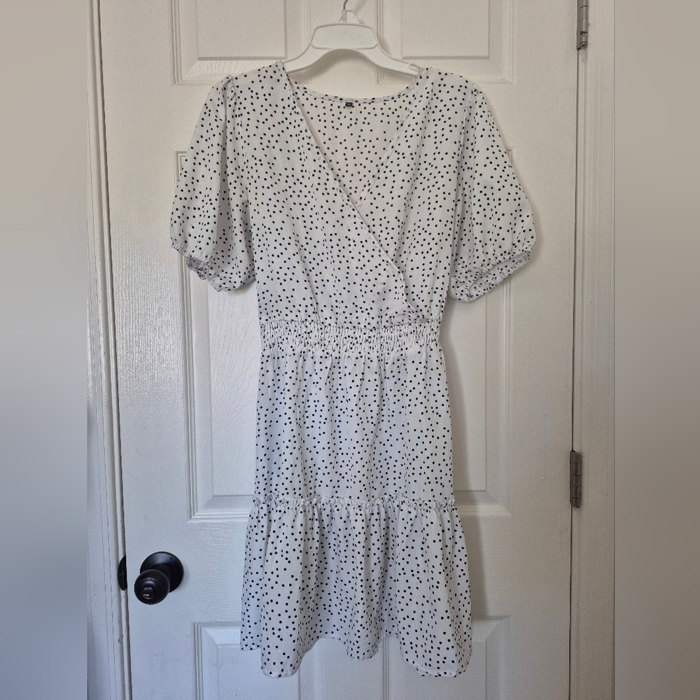 Chic White and Black Polka Dot Midi Dress